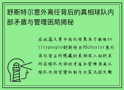 舒斯特尔意外离任背后的真相球队内部矛盾与管理困局揭秘 舒斯特尔意外离任背后的真相球队内部矛盾与管理困局揭秘